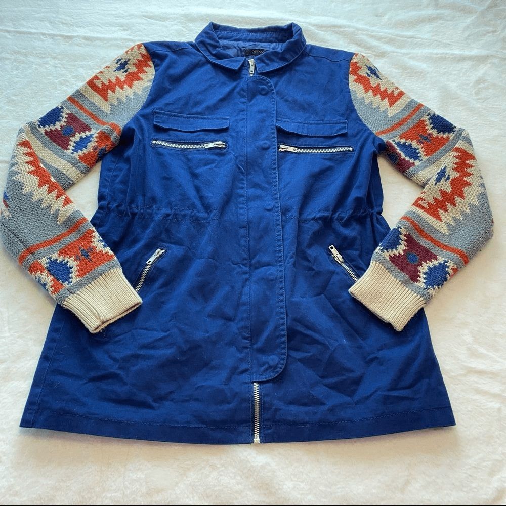 Quinn Women M Blue Utility Jacket Southwest Knit Sleeves Military Boho Zip Coat